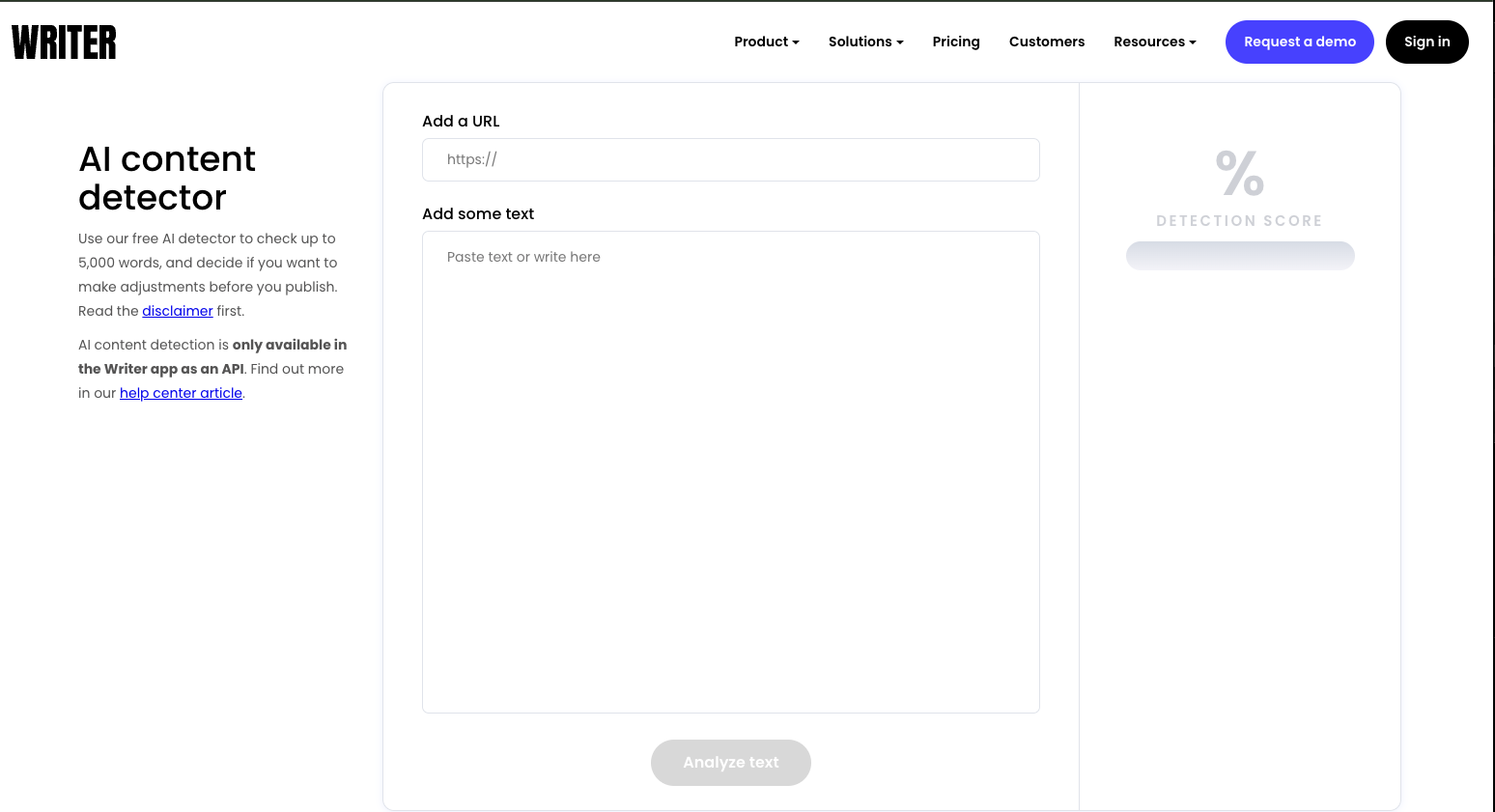 Screenshot of AI detection tool Writer detection page